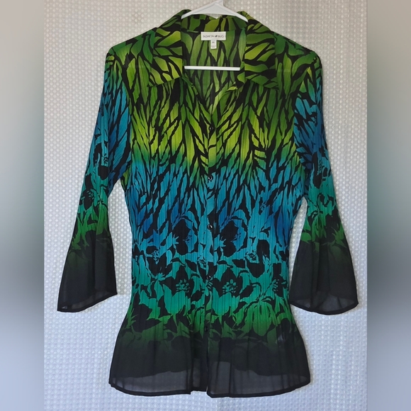 Sheer Chiffon Blouse Green Blue Ombre Floral Top Flowy Bell Sleeve Work to Weeke - Picture 5 of 11
